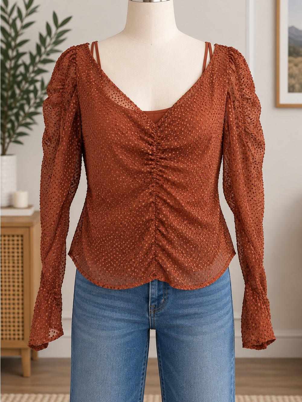 ASTR The Label Rust Ruched Sheer Long Sleeve Top Large